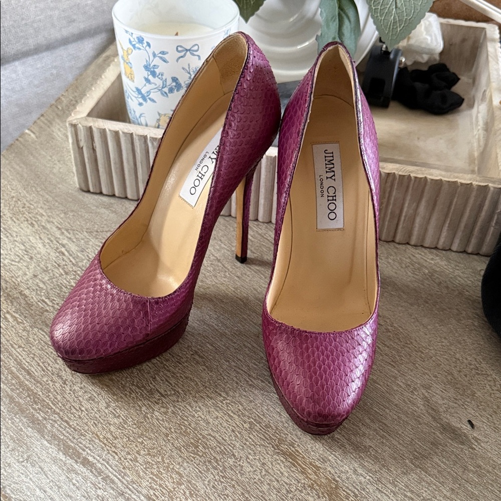 Jimmy Choo Plum Textured Pointed-Toe Pumps with Snakeskin Pattern